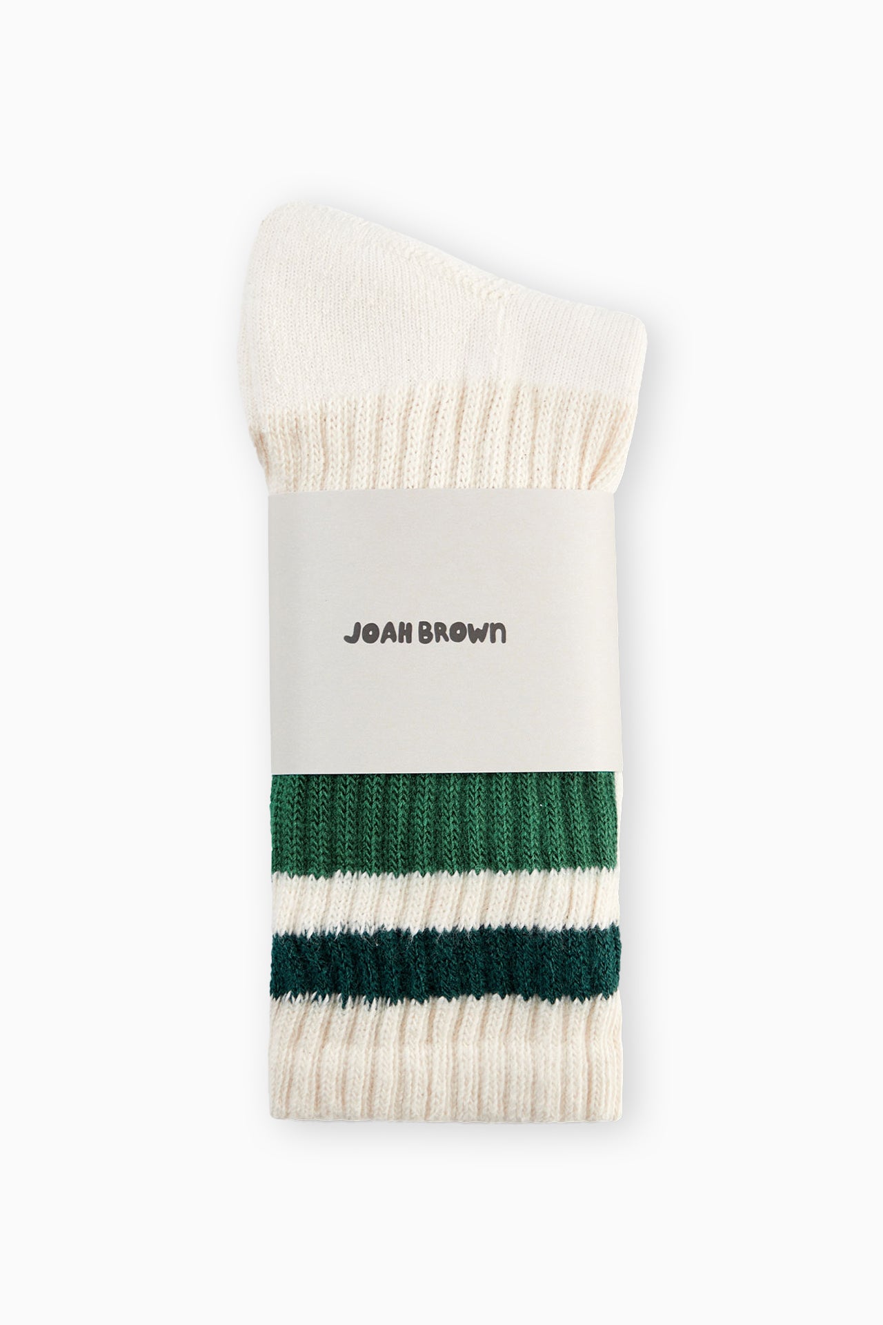 Flat lay view of the crew style ribbed forest/green classic stripe sock in it's package