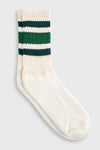 Flat lay view of the crew style ribbed forest/green classic stripe sock