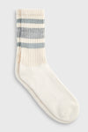 Flat lay front view of the crew style ribbed grey/ash classic stripe sock