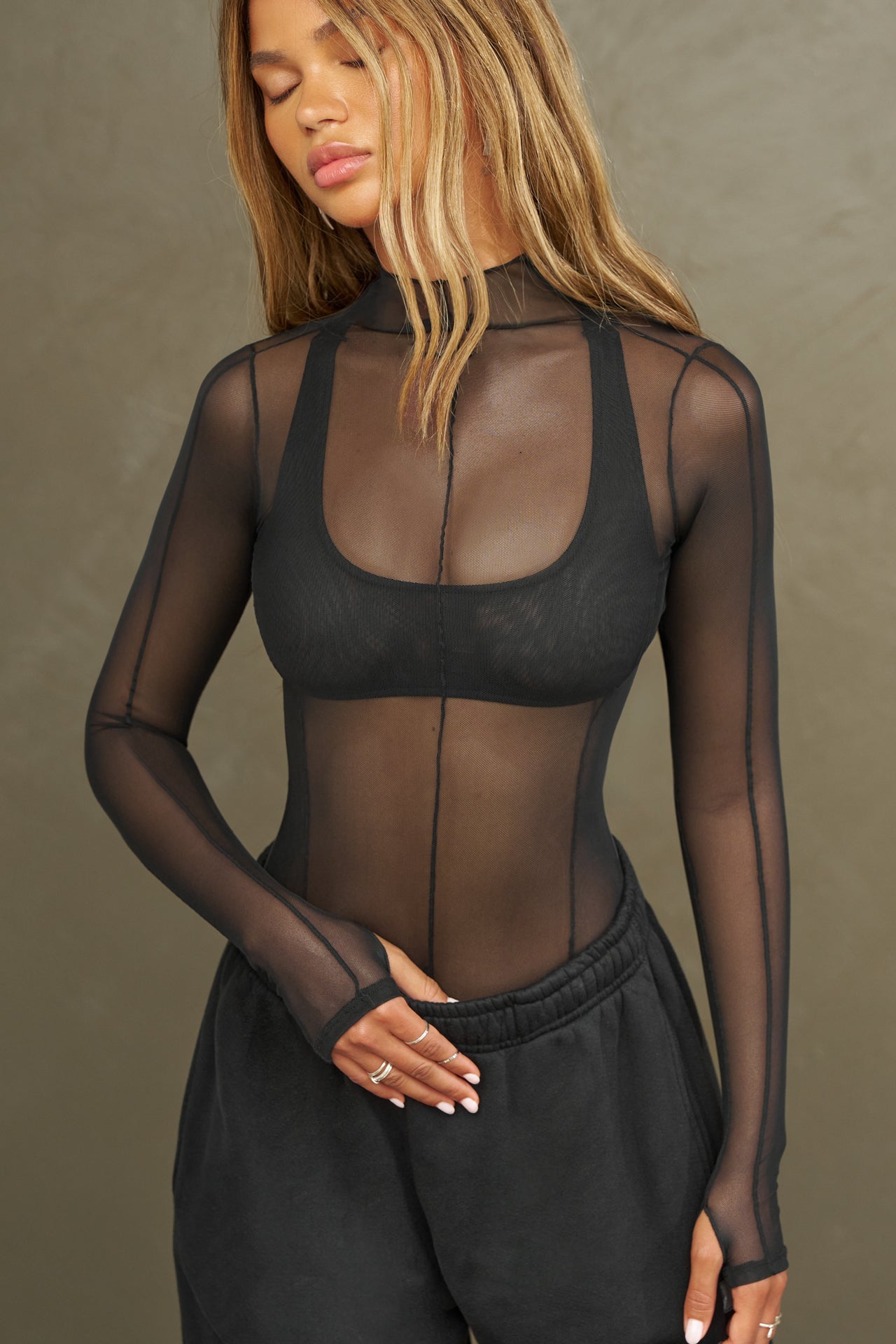 Exposed Seams Long Sleeve - Black Mesh