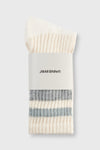 Flat lay front view of the crew style ribbed grey/ash classic stripe sock in it's packaging