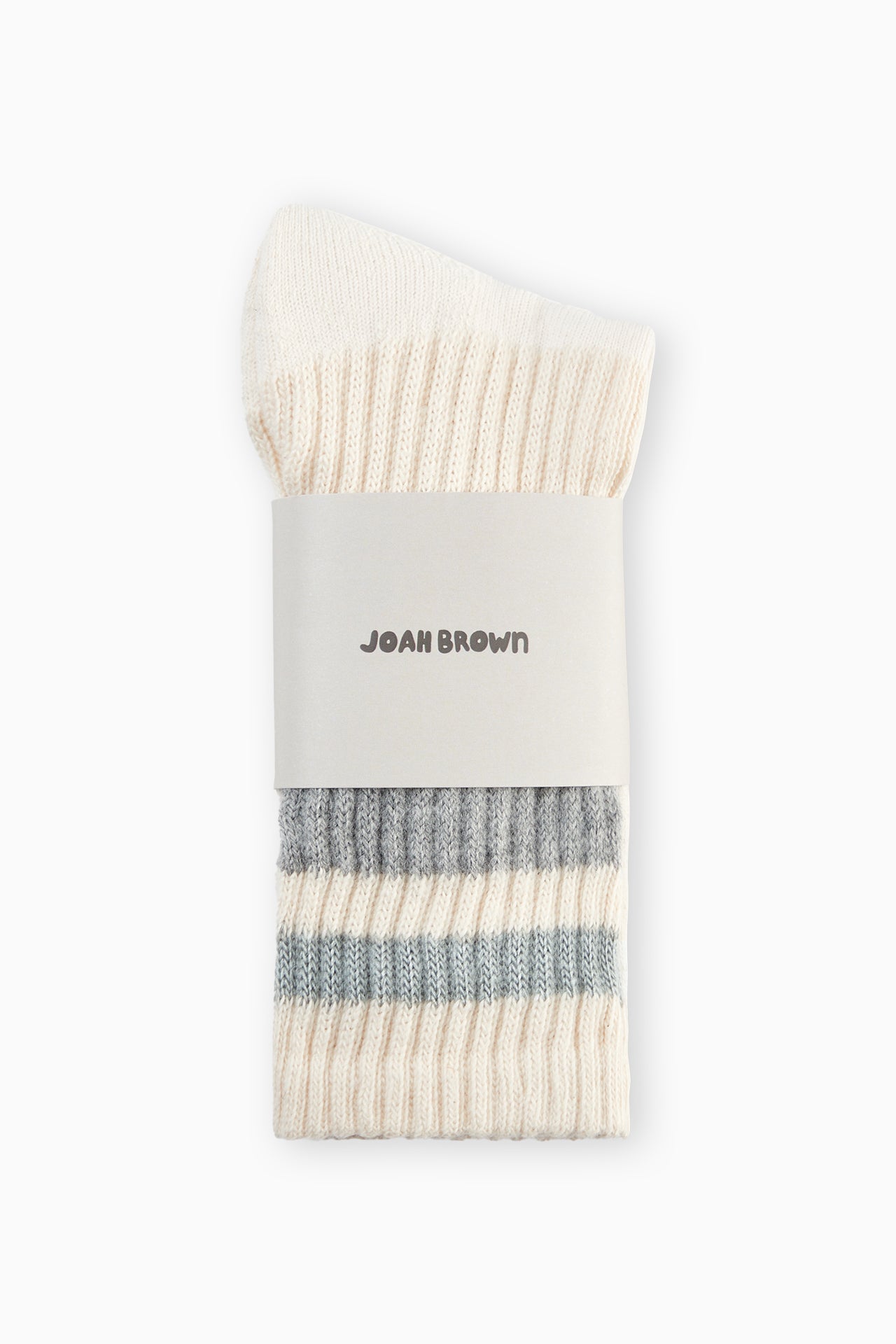 Flat lay view of the crew style ribbed grey/ash classic stripe sock in it's package