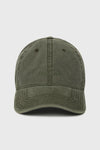 Flat lay front view of the six-panel washed green Official Cap with a curved brim and an embroidered upside down Joah Brown logo on the front