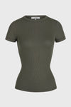 Flat lay front view of he form fitting mineral rib Crewneck Tee with a banded crew neckline and banding at the sleeves