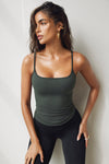 Front view of model posing in the soft and stretchy sueded essex Smoothing Cami with a scoop neckline and thin straps