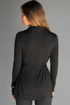 Back view of model posing in the light weight long sleeve black modal Tie Cardigan with adjustable ties at the waist