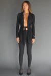 Full body front view of model posing in the light weight long sleeve black modal Tie Cardigan with adjustable ties at the waist