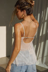 Back view of model posing in the flowy and sheer black polka dot lace Babydoll Tank with a scoop-neck tank with adjustable spaghetti straps and an open back design.