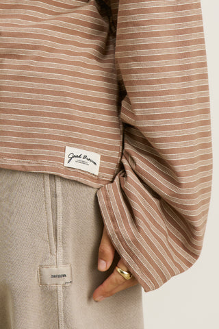 Close up detail front view of model posing in the relaxed fit, lightweight canyon stripe classic cotton Boxy Crew Long Sleeve top with a crew neckline, dropped shoulders and oversized silhouette