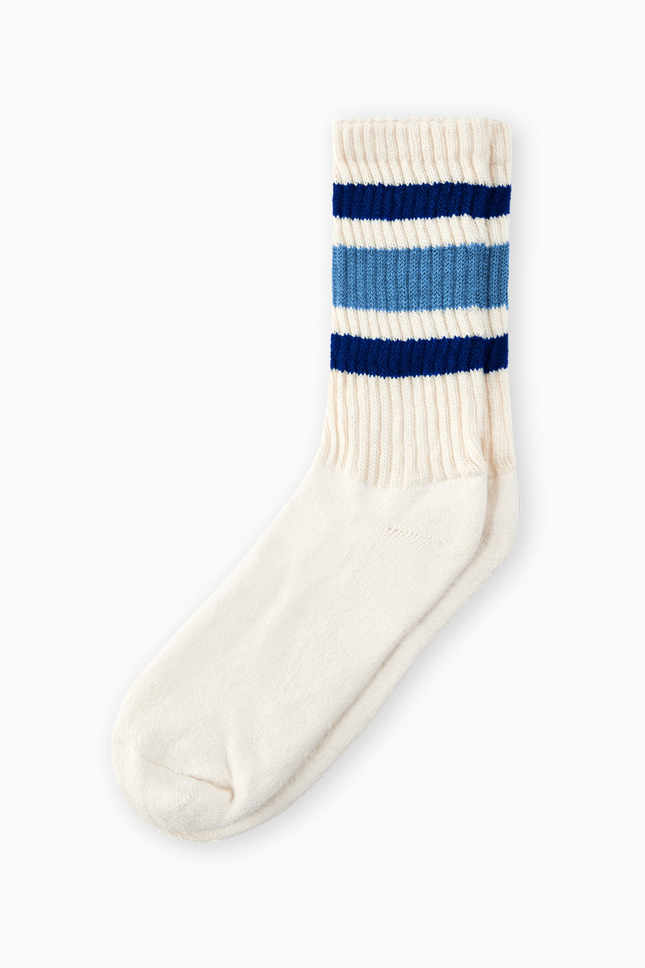 Flat lay front view of the crew style ribbed soft royal sky Classic Stripe Sock