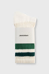 Flat lay view of the crew style ribbed forest/green classic stripe sock in it's package