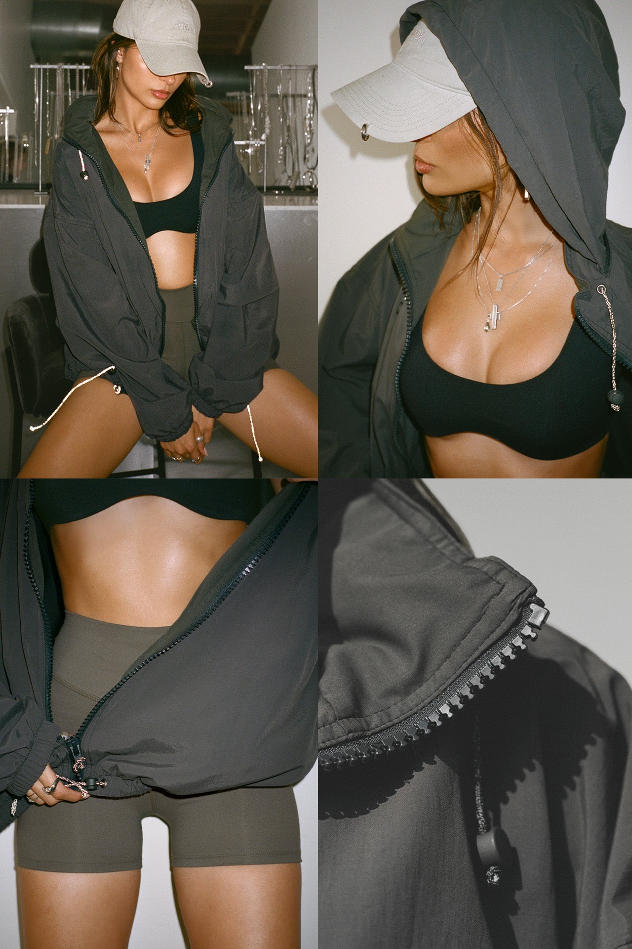 Multiple views of model posing in the oversized jet nylon Classic Windbreaker Jacket with a collar, zip-away hood and reflective corded details at the hem, sleeves and neck for cinching.