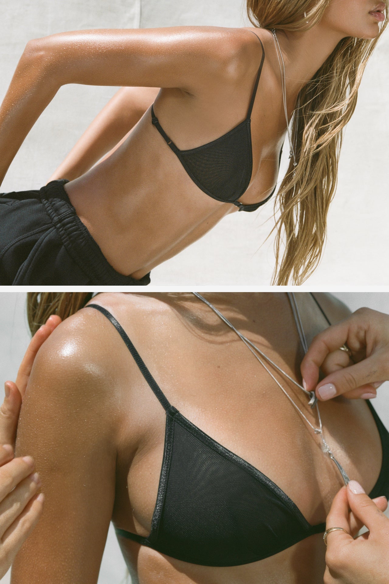 Two pictures of model posing the sheer, minimal coverage black mesh Triangle Bralette with thin and glossy adjustable elastic straps