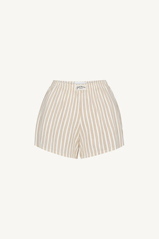 Flat lay front view of the tobacco stripe classic cotton boxer-inspired Boxer Short in a relaxed silhouette, with an elastic waistband and side pockets.