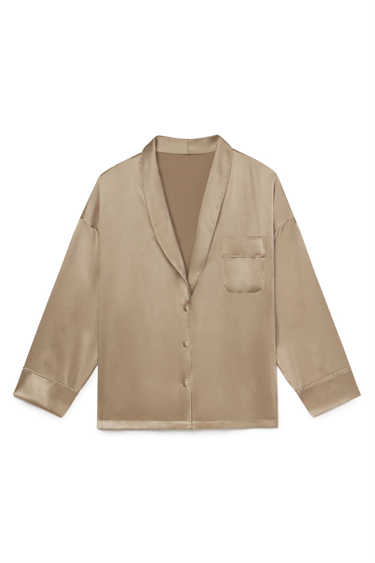 Front flat lay view of the comfortable, relaxed fit fawn Oversized Silk Button Down Long Sleeve top with a low shawl collar, front button closures and a left chest pocket