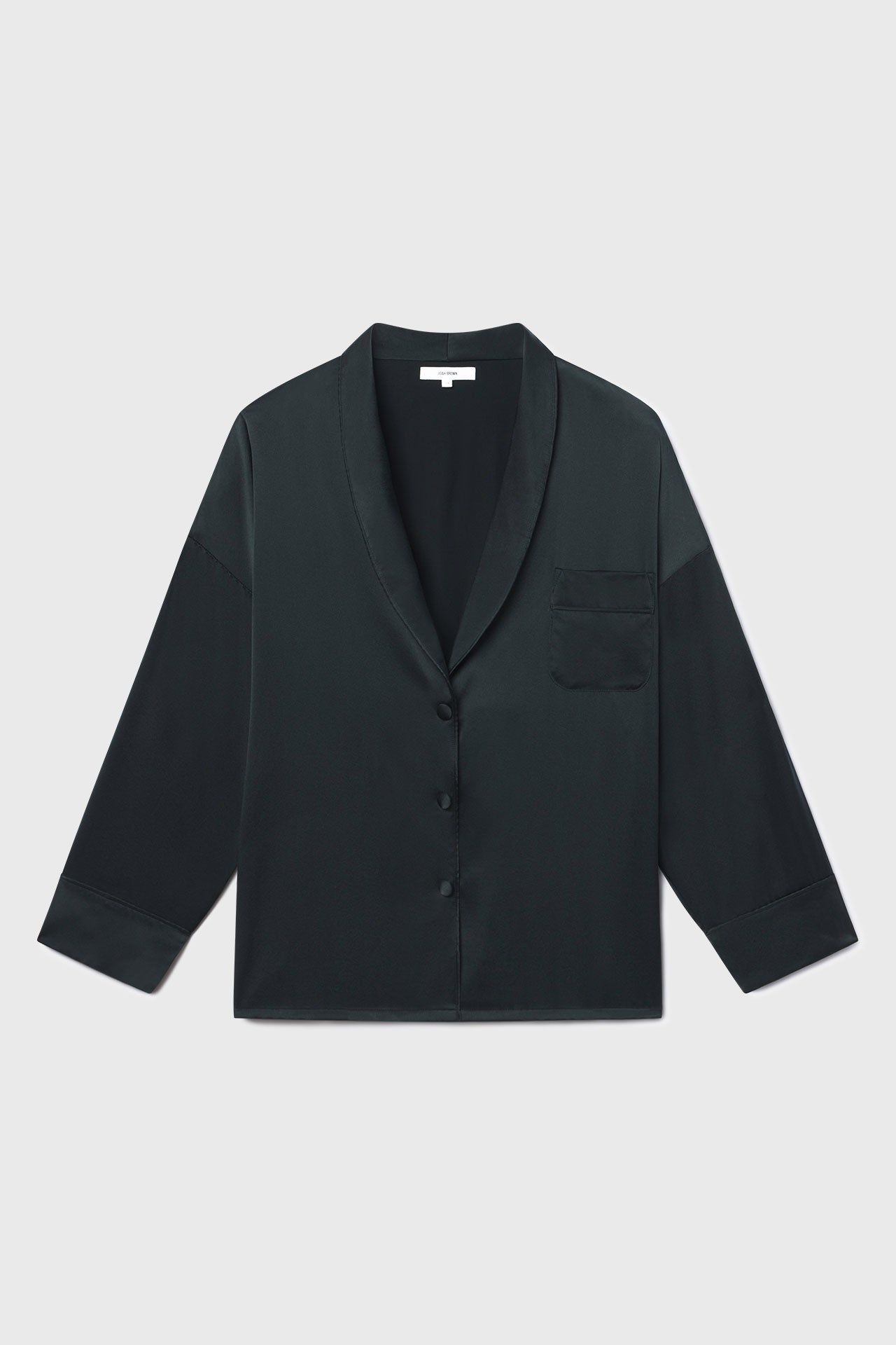 Flat lay front view of the comfortable, relaxed fit midnight Oversized Silk Button Down Long Sleeve top with a low shawl collar, front button closures and a left chest pocket