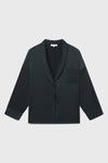 Flat lay front view of the comfortable, relaxed fit midnight Oversized Silk Button Down Long Sleeve top with a low shawl collar, front button closures and a left chest pocket