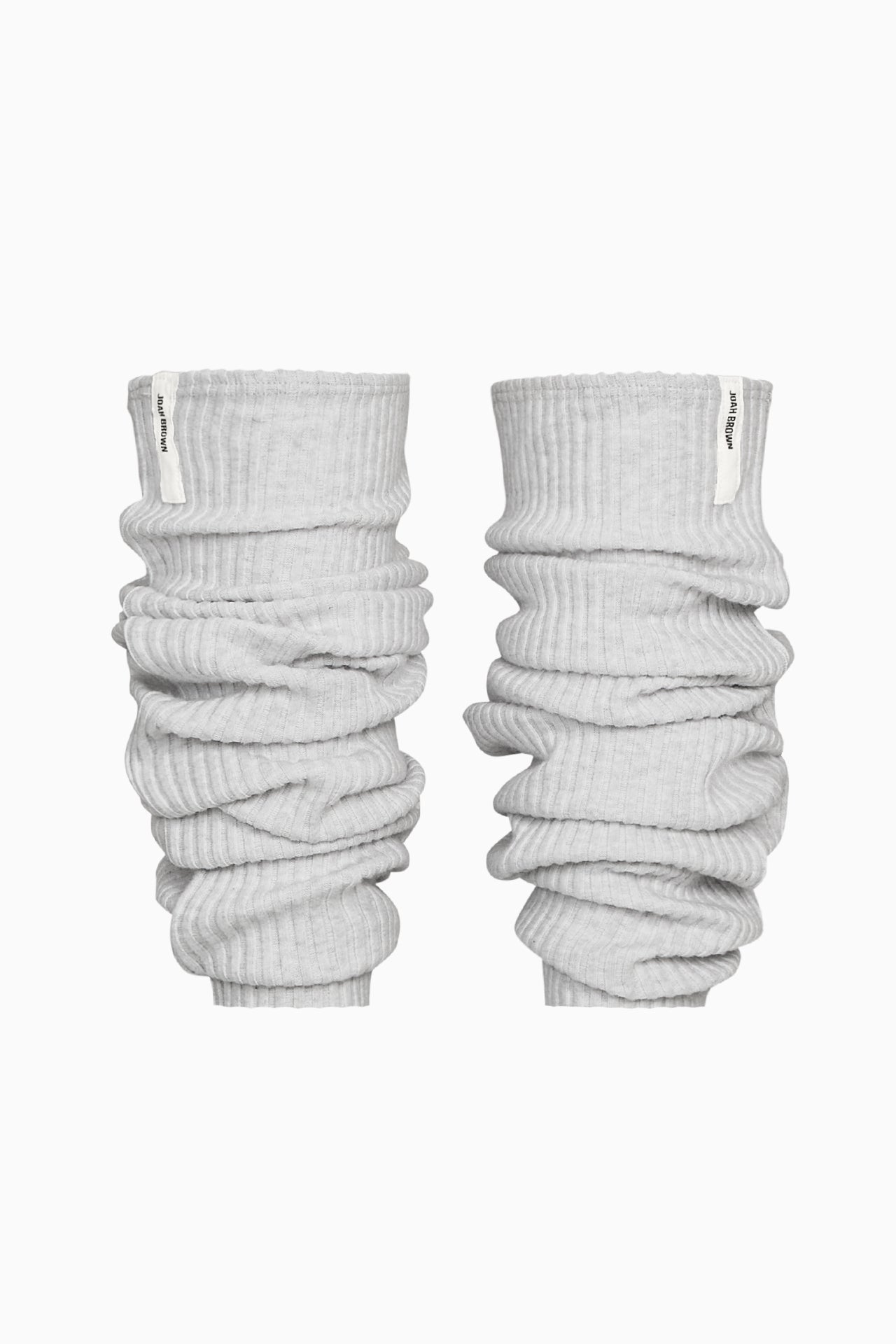 Flat lay front view of the slouchy, pull on pearl grey luxe knit Leg Warmers that can be worn pulled up on scrunched down