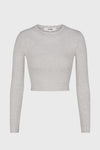 Flat lay front view of the fitted cropped pearl grey rib Cropped Crew Long Sleeve top with a crew neckline