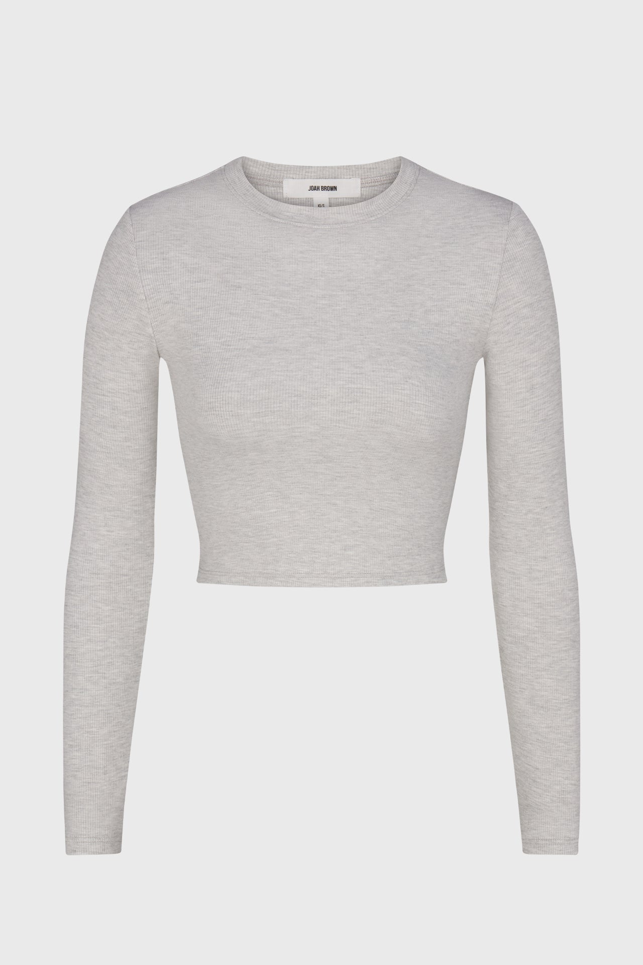 Flat lay front view of the fitted cropped pearl grey rib Cropped Crew Long Sleeve top with a crew neckline