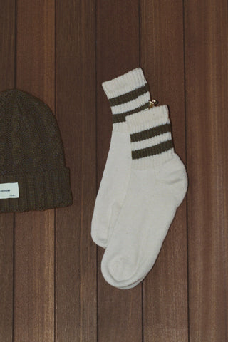 Flat lay front view of the crew style ribbed soft moss Mini Stripe Sock