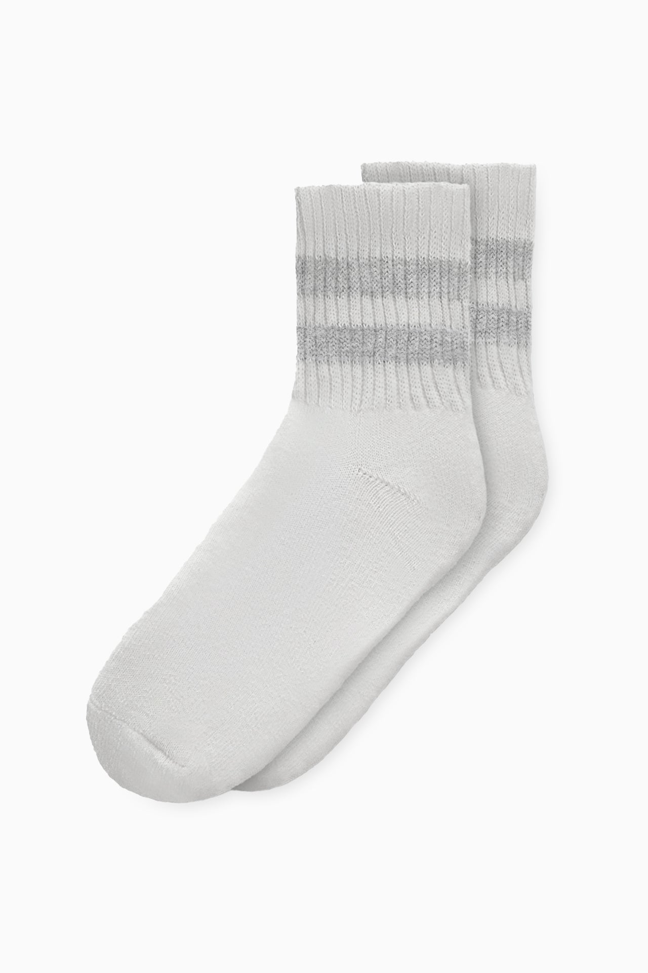 Flat lay view of the crew-style silver Mini Stripe Sock with ribbed cuffs