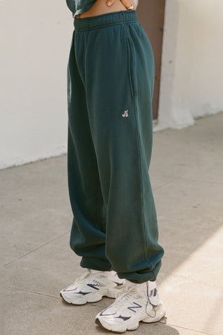 Side view of model from the waist down posing in the relaxed fit alpine french terry Oversized Straight Leg Jogger with an elastic waistband, hidden drawstring, pocket details. and adjustable cinching at the ankle cuffs