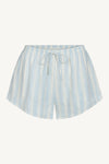 Flat lay front view of the relaxed fit lightweight natural white and blue stripe gauze Relaxed Everyday Short with an elastic waistband and adjustable front tie