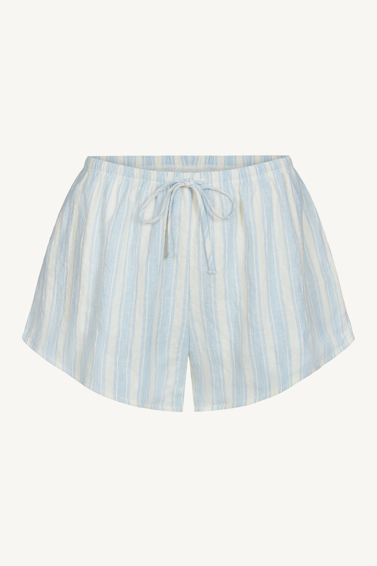 Flat lay front view of the relaxed fit lightweight natural white and blue stripe gauze Relaxed Everyday Short with an elastic waistband and adjustable front tie