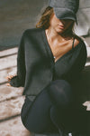 Front view of model posing in the relaxed-fit, long sleeve ink luxe knit Relaxed V-Neck Cardigan with front button closures and a V-neckline.