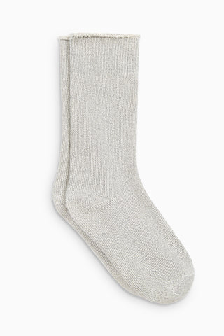 Flat lay view of the soft heathered grey Terry Crew Sock with a rolled top