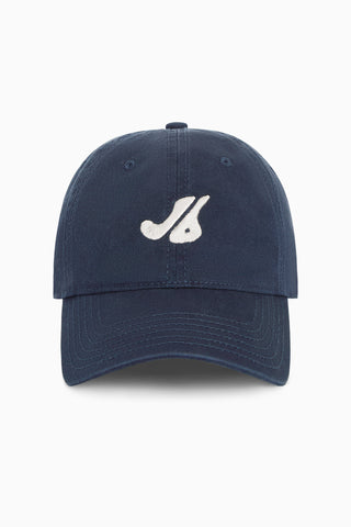 Flat lay front view of the structured six-panel navy The Classic Cap with a curved brim, adjustable back strap and an embroidered front and back Joah Brown logo