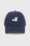 Flat lay front view of the structured six-panel navy The Classic Cap with a curved brim, adjustable back strap and an embroidered front and back Joah Brown logo